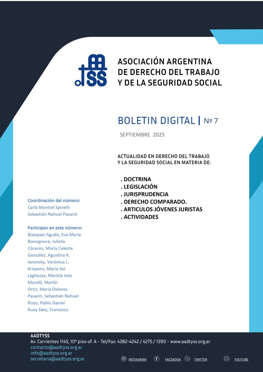 Boletín Digital de la AADTySS, en este caso es el 7mo. correspondiente al mes de septiembre del año 2025, coordinado y elaborado por miembros de la Delegación Argentina de Jóvenes Juristas SIDTSS.

Lo pueden ver en este link:
aadtyss.org.ar/files/document…