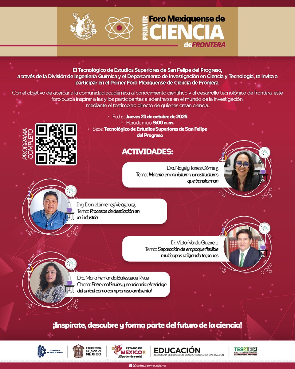 TESSFP_Edomex's tweet image. 🔬✨ ¡No te pierdas el Primer Foro Mexiquense de Ciencia de Frontera!

Conoce e inspírate con quienes impulsan la investigación y la tecnología de vanguardia.

📅 23 de octubre 2025
🕘 9:00 a. m.
📍 TESSFP

#TESSFP #TecNM #CienciaDeFrontera #Innovación #Investigación