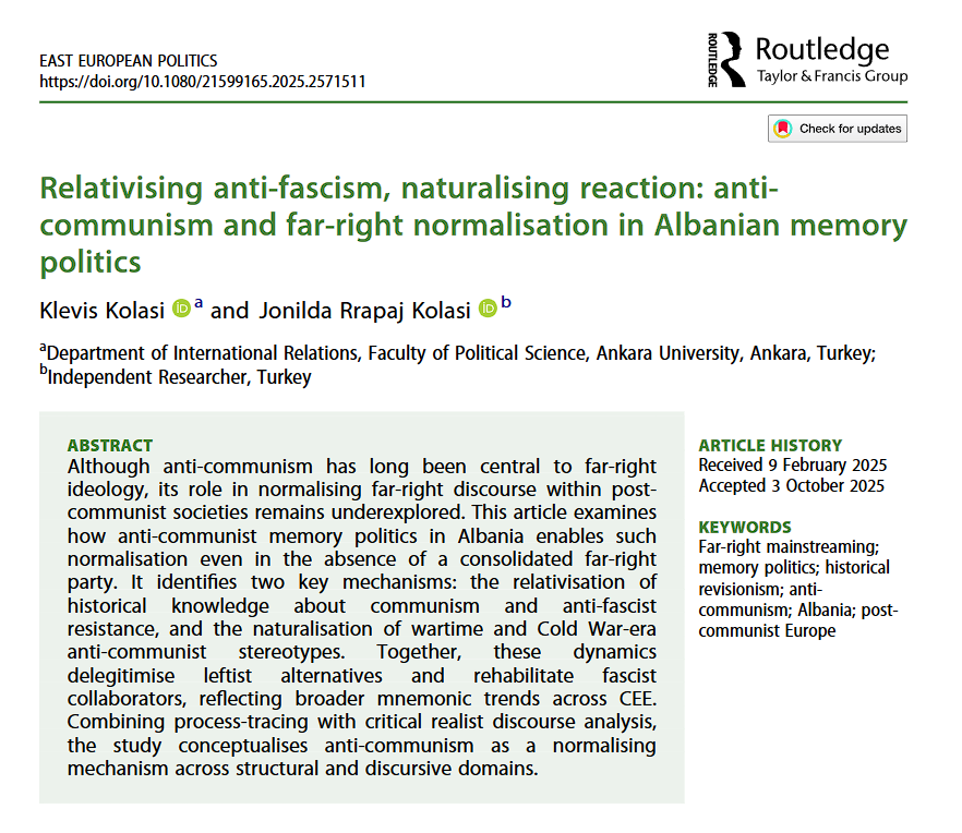 KKolasi's tweet photo. New in East European Politics: How anti-communism in Albania normalizes far-right narratives—without a strong far-right party and under continuous Socialist Party rule. Anti-communist memory politics &amp; neoliberalism converge to reshape the mainstream. https://t.co/3UwNX1vsIt https://t.co/vhkW1mfwRK