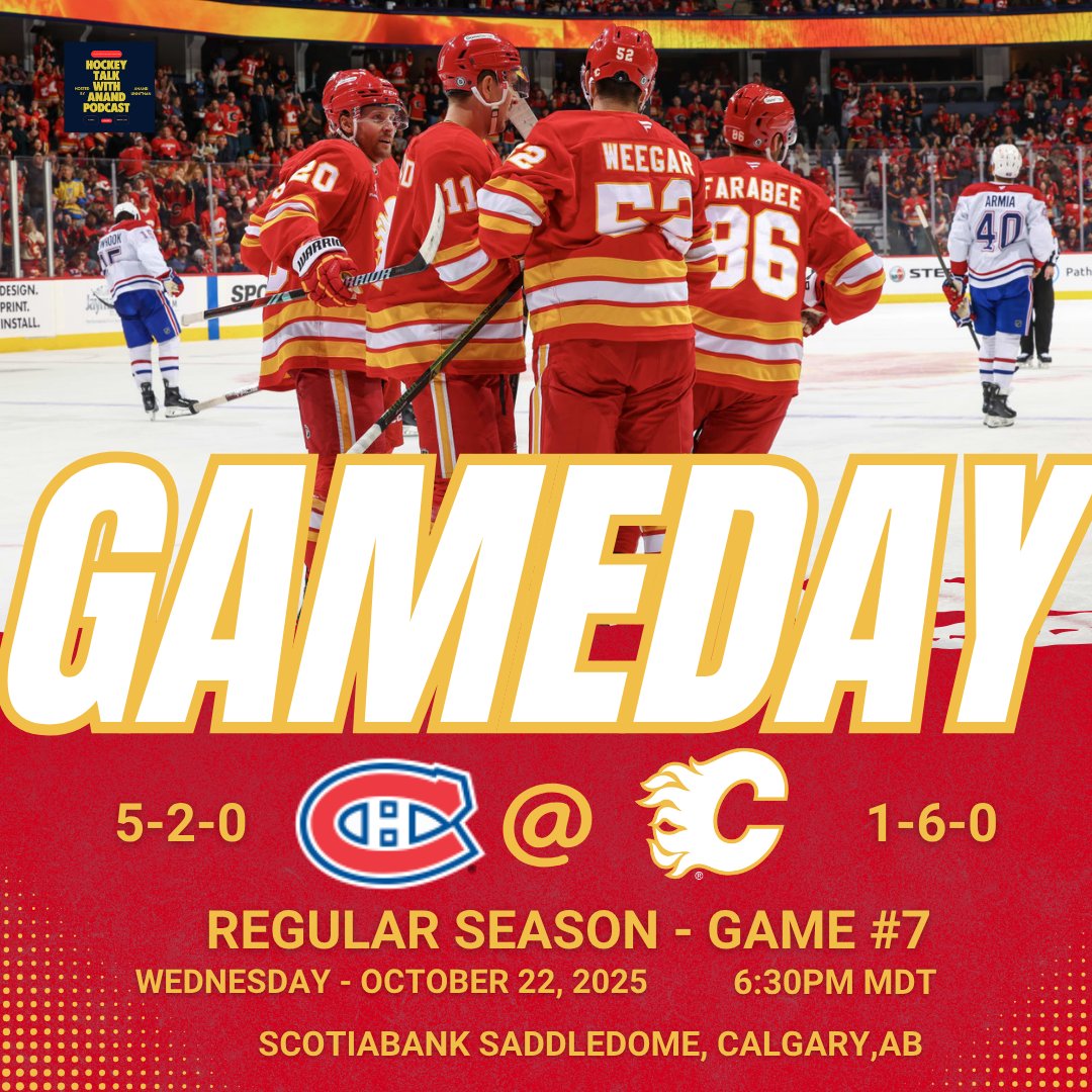 The Montreal Canadiens are in town to take on the Flames. 

Game Notes:
- Healthy scratches are Sharangovich and Pachal
- Dustin Wolf gets the nod between the pipes.

#Flames #GoHabsGo #NHL #hockey #yyc