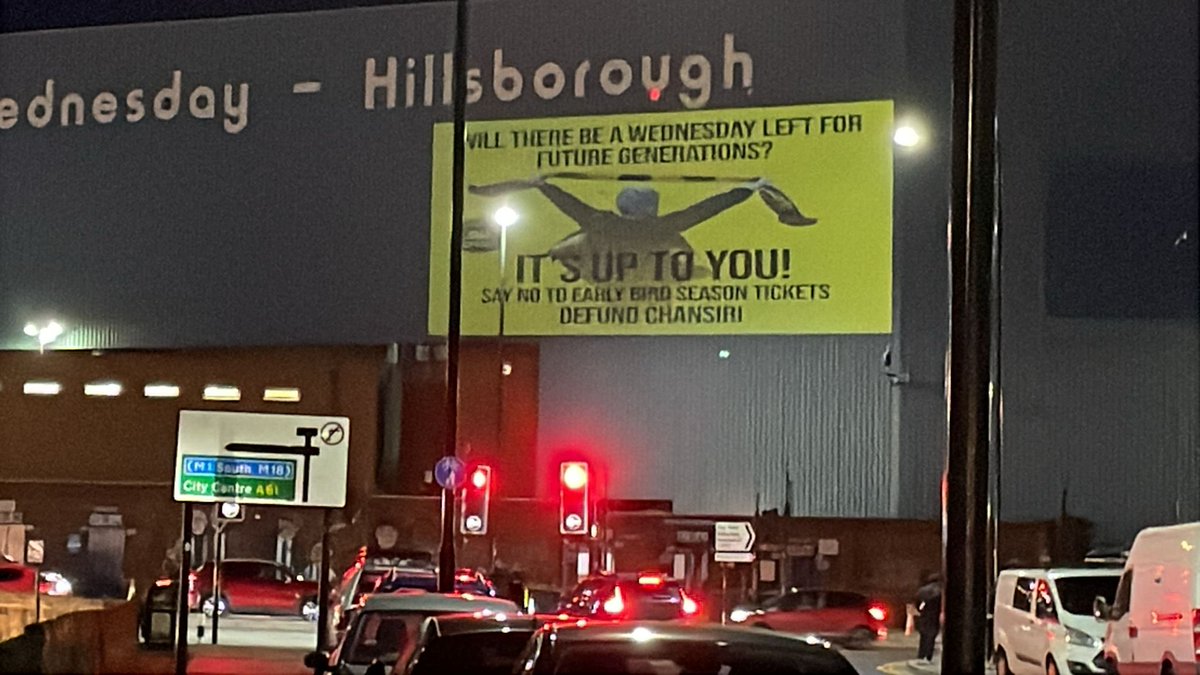 RobLawTees's tweet photo. These images are being projected onto the stadium tonight ahead of Sheff Wed v Middlesbrough.

Many home fans are due to boycott the game in protest of owner Dejphon Chansiri.

The club are set to be handed a winding-up petition by HMRC.

#Boro | #UTB | #BBCFootball https://t.co/zTFDPHHhTP