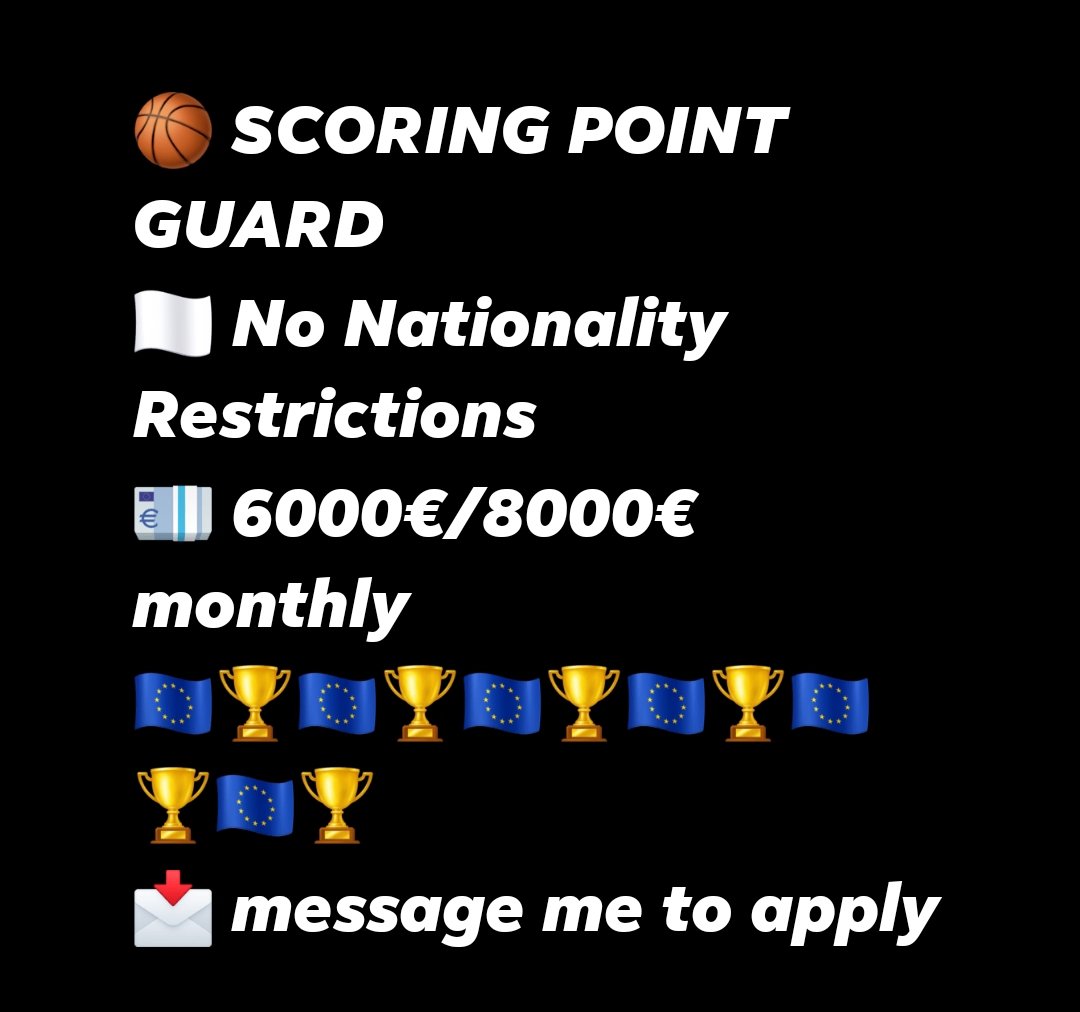 skills_showcase's tweet photo. 🏀 SCORING POINT GUARD
🏳️ No Nationality Restrictions
💶 6000€/8000€ monthly
🇪🇺🏆🇪🇺🏆🇪🇺🏆🇪🇺🏆🇪🇺🏆🇪🇺🏆
📩 message me to apply https://t.co/reraE0SyQR