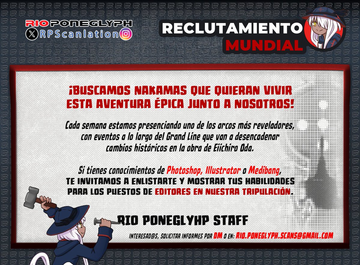 RPScanlation's tweet image. Iniciamos Reclutamiento de Editores, Tipeadores, Re-dibujantes y Limpiadores, con conocimientos básicos en Photoshop, Illustrator o Medibang, de todas formas, los vamos a entrenar. interesad@s por DM o en nuestro correo electrónico rio.poneglyph.scans@gmail.com.