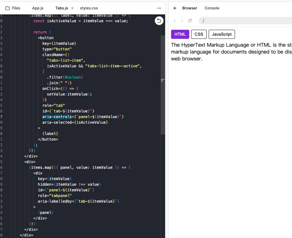 Ben66Yueh's tweet image. 🎯 Journey to Big Tech #35: build Tabs ||
Interesting learning about a11y for Tabs:
- each tab has a role
- tab button uses aria-controls to link its panel
- panel uses aria-labelledby to reference its tab
#Frontend  #React #100DayOfCode