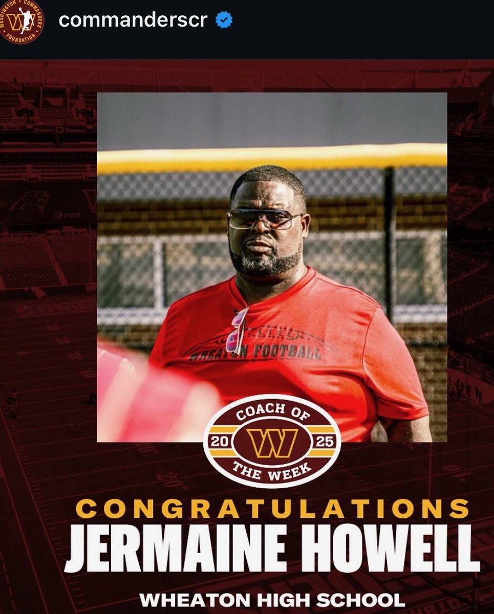 MCPS's tweet image. 🏈👏 Congratulations to Wheaton High football coach Jermaine Howell for being named the Washington @Commanders Coach of the Week!
Your leadership, dedication and hard work on and off the field inspire our students and community 👏