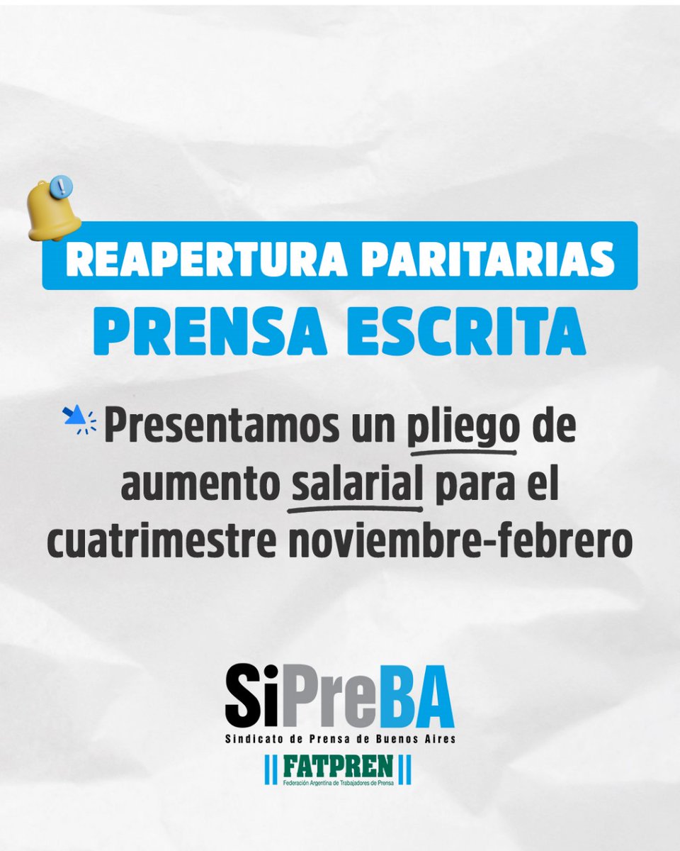 📰 PARITARIAS PRENSA ESCRITA

Participamos de la audiencia de reapertura de la negociación para el CCT 301/75. Presentamos un pliego y ratificamos nuestro reclamo por un ingreso mínimo equivalente a la Canasta Básica Total.

La próxima cita es el 30/10.

➡️sipreba.org/gremial/prensa…