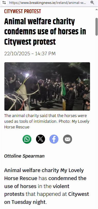 AnimalPartyIE's tweet photo. Party for Animal Welfare (PAW) Condemns Use of Horses and Violence in #Citywest #Dublin Anti-Refugee Protest !!! 
PAW also condemns violence directed against #refugees living in #DirectProvision !!!
https://t.co/bO2YFNtybe
@MyLovelyHorseR    @IrishRefugeeCo 
@FM104  #BanSulkies https://t.co/XVHPlktXG2