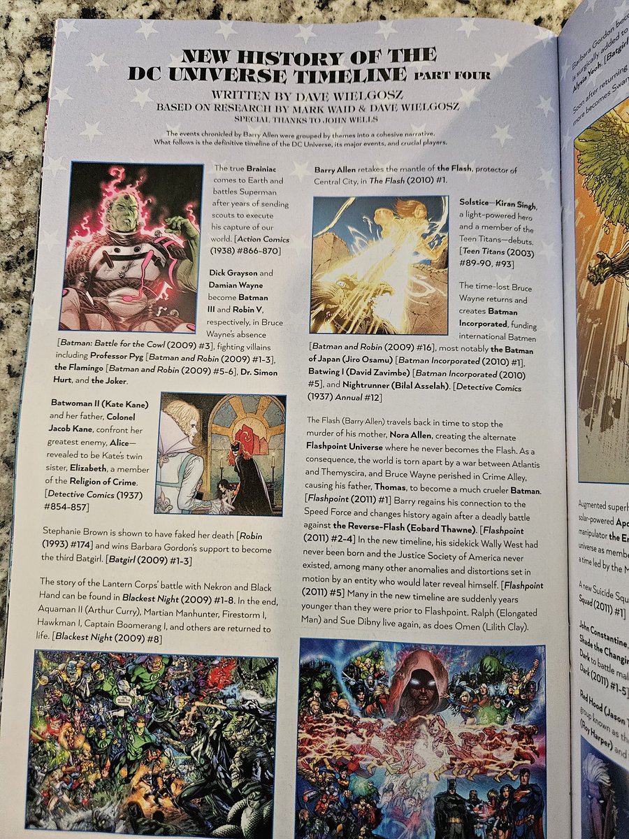 wordsandsense's tweet image. Since the digital versions are apparently missing the timeline, here's a thread of pictures of the full annotated timeline at the back of New History of the DC Universe #4!