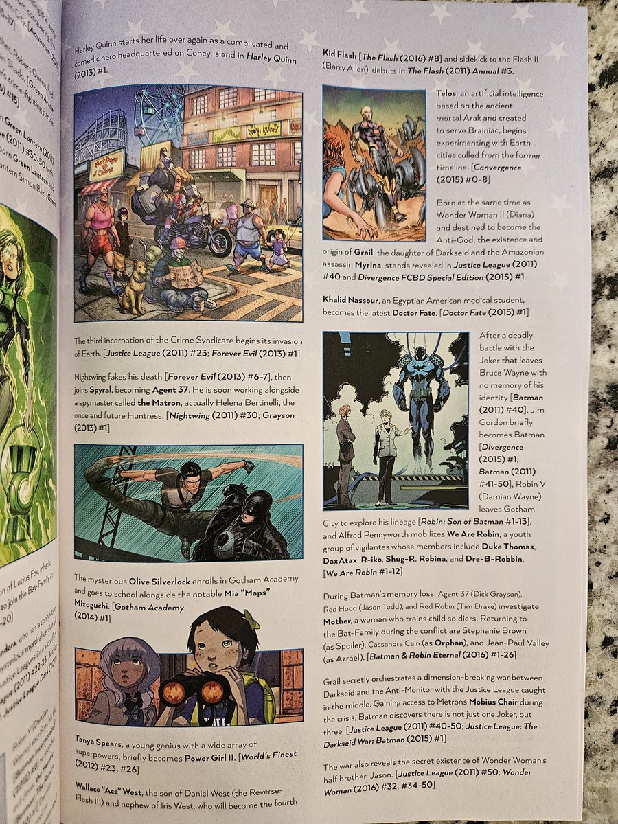 wordsandsense's tweet image. Since the digital versions are apparently missing the timeline, here's a thread of pictures of the full annotated timeline at the back of New History of the DC Universe #4!