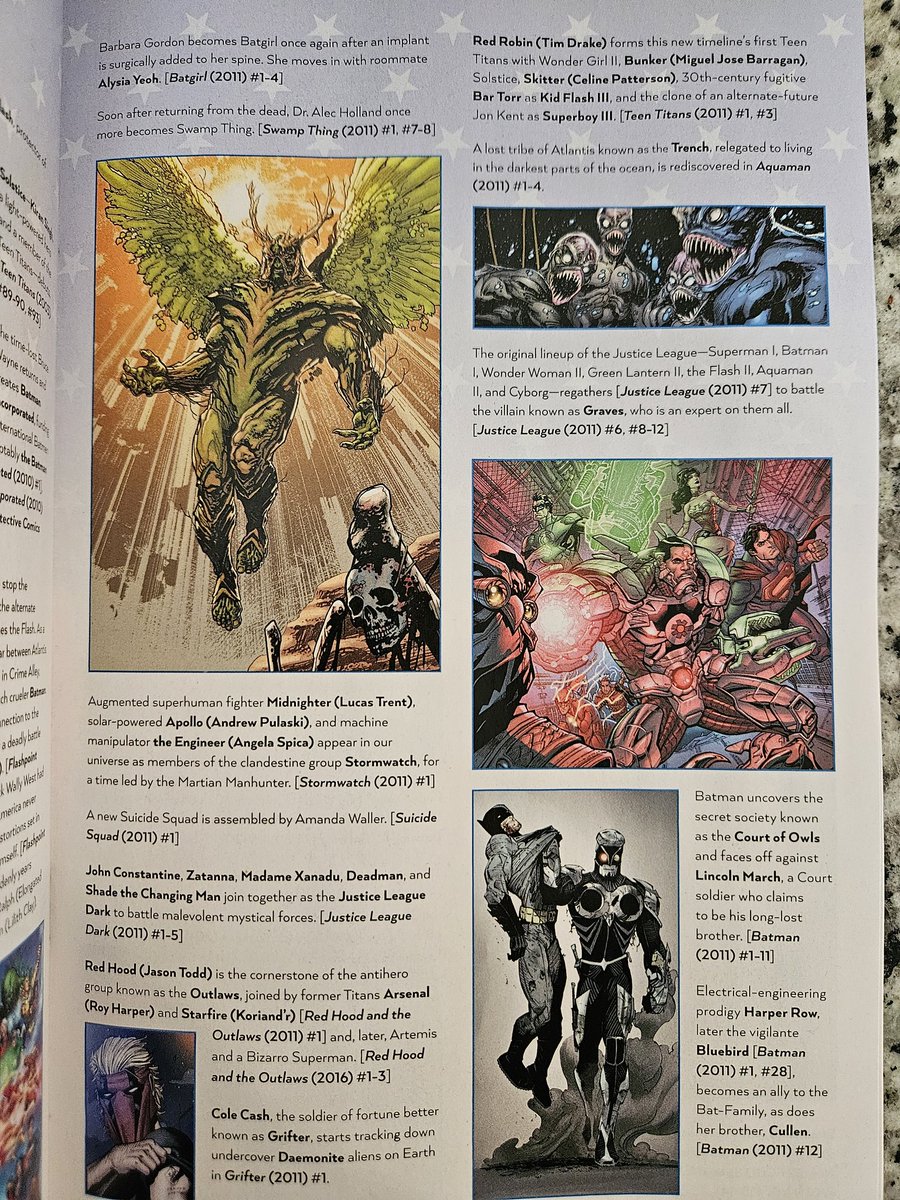 wordsandsense's tweet image. Since the digital versions are apparently missing the timeline, here's a thread of pictures of the full annotated timeline at the back of New History of the DC Universe #4!