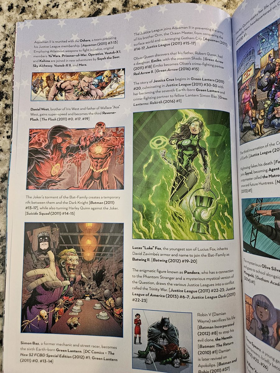 wordsandsense's tweet image. Since the digital versions are apparently missing the timeline, here's a thread of pictures of the full annotated timeline at the back of New History of the DC Universe #4!