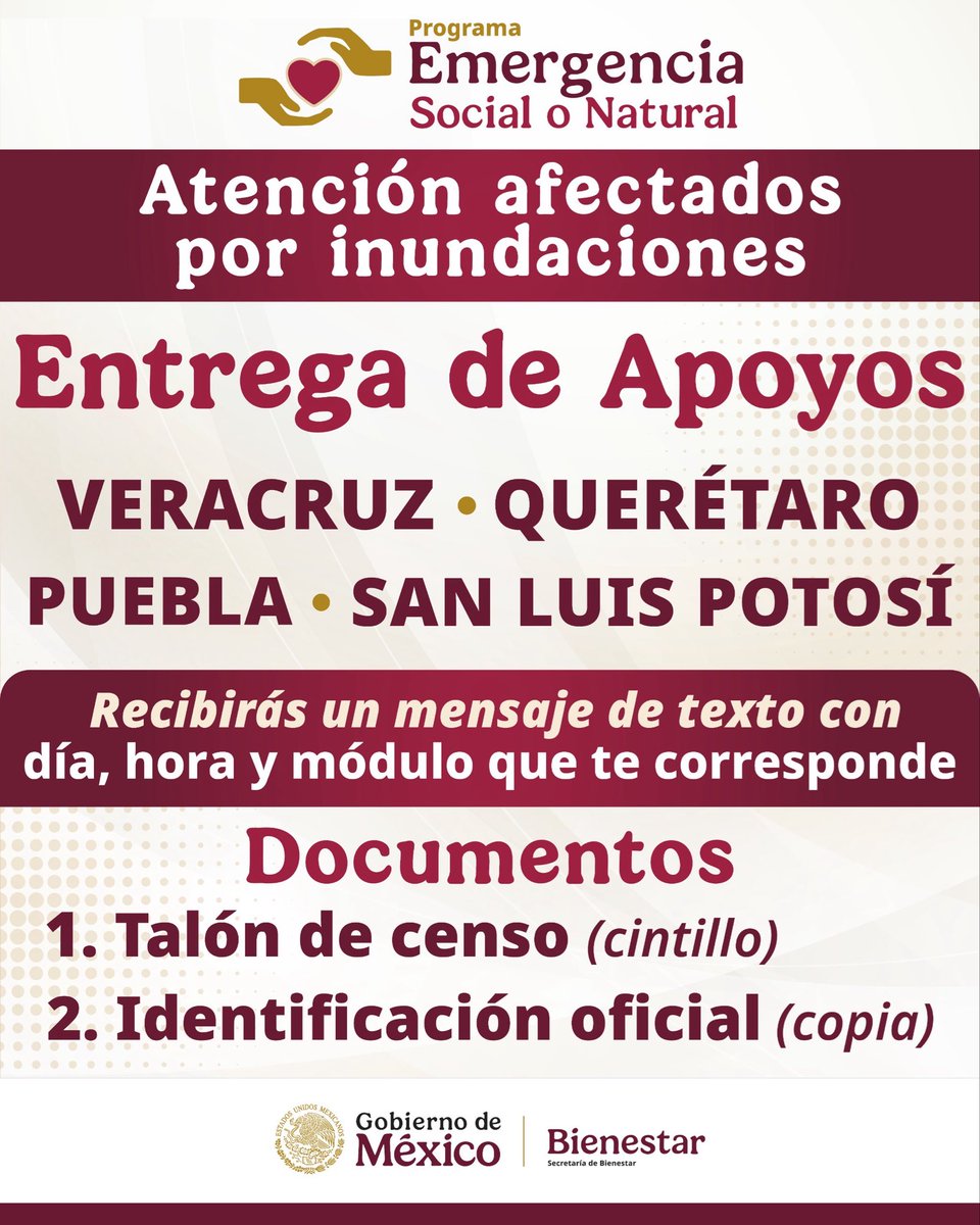 A_MontielR's tweet image. ❤️ Aviso importante ❤️
Por instrucción de nuestra presidenta @Claudiashein, inicia la entrega del primer apoyo para las personas afectadas por las lluvias intensas en #Veracruz, #Puebla, #Querétaro y #SanLuisPotosí; se realizará del 22 al 29 de octubre.
Te enviaremos un SMS con…