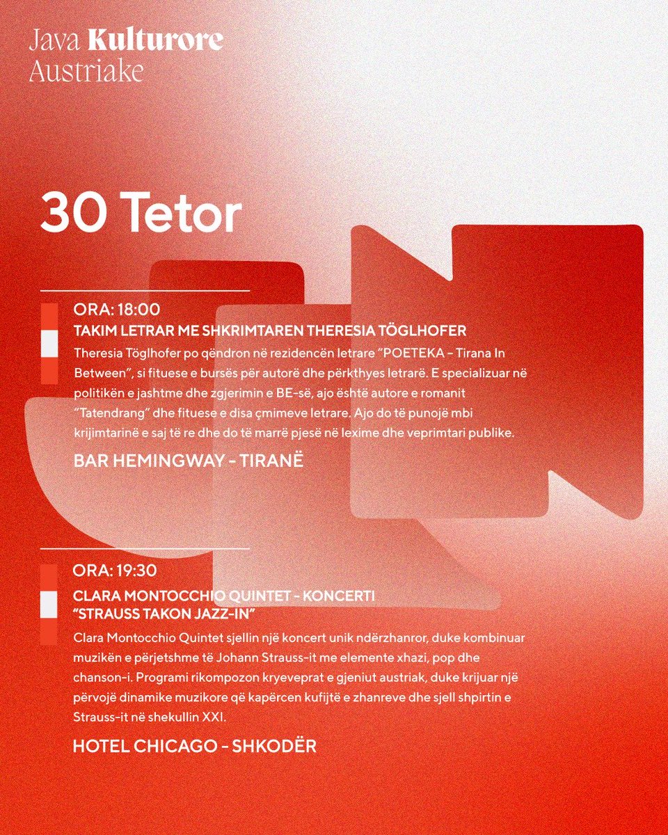 🇦🇹JAVA KULTURORE AUSTRIAKE | 28–31 TETOR📚
Një javë plot muzikë, art &amp; ide europiane!
Koncert nga Ansambli “Johann Strauss”
“Kioske” – diskutim mbi arkitekturën &amp; jetën urbane
Panel: 30 vjet në BE
Diskutime &amp; letërsi
Strauss takon jazz-in
“Turning Point” nga No Borders Orchestra