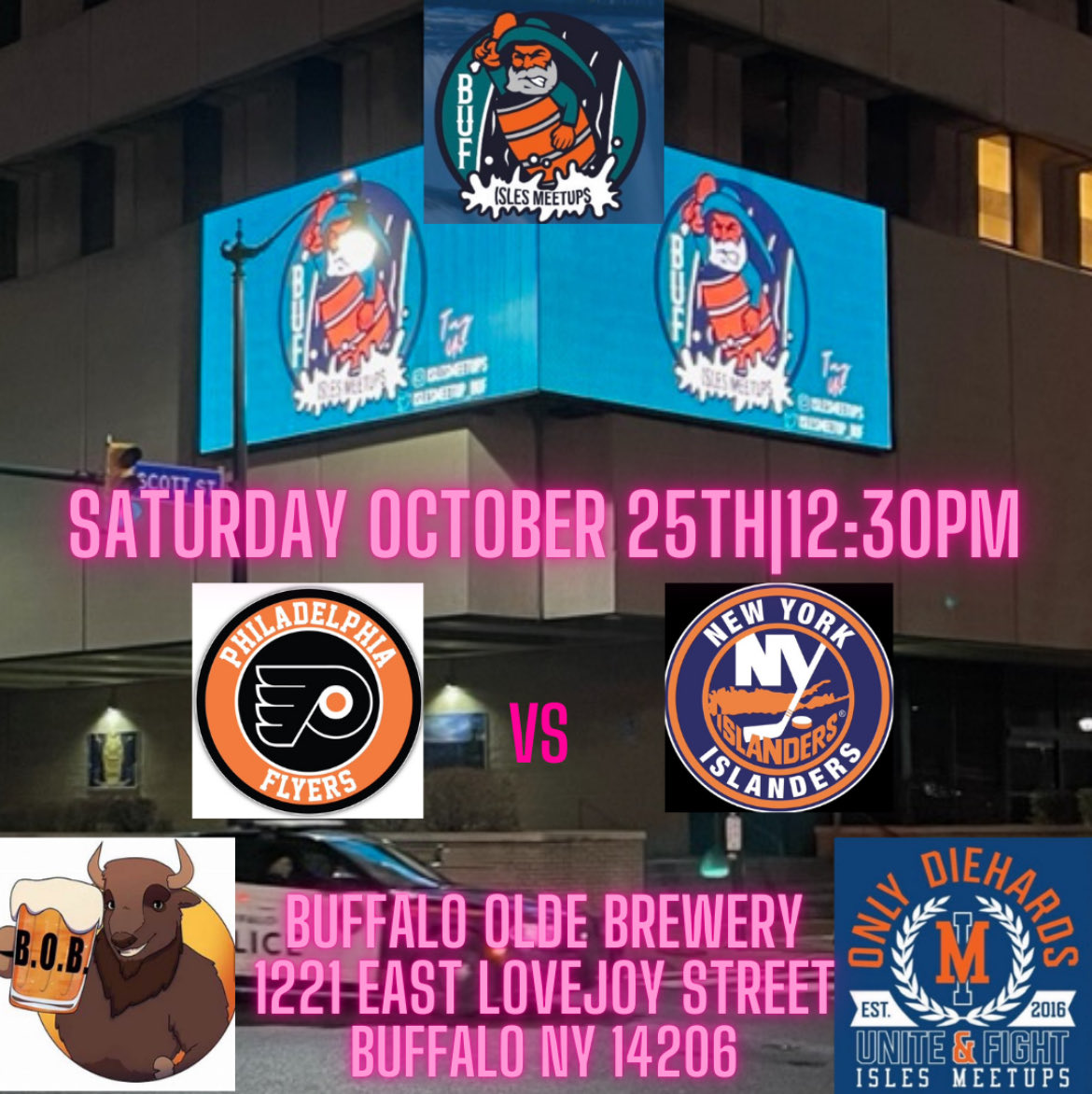 Our first meet up of the season is this Saturday at 12:30 PM at Buffalo Olde Brewery. street parking available as well as off street parking that I circled in yellow. This is an all ages event. We will have the big projection screen as well as sound on for the game. ￼