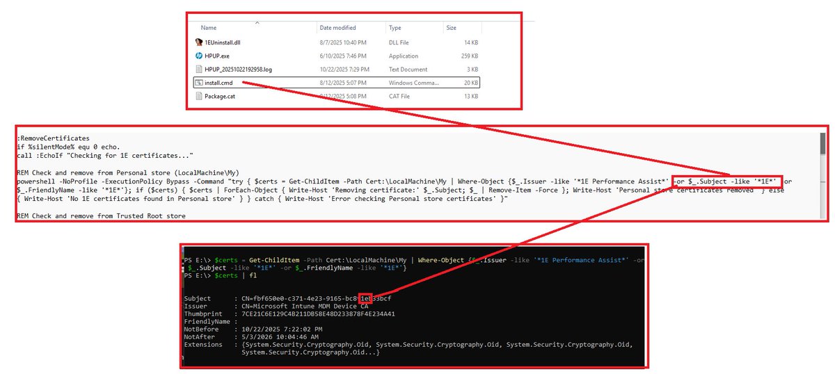 Mister_MDM's tweet image. ⚠️ Heads up!!! Big warning for HP AI Devices! ⚠️
Some of HP’s latest Next Gen AI PCs, including the EliteBook X Flip G1i, are getting the updated OneAgent 1.2.50.9581 build.
That version seems to run a cleanup script removing any certificate containing “1E” in its subject ....…