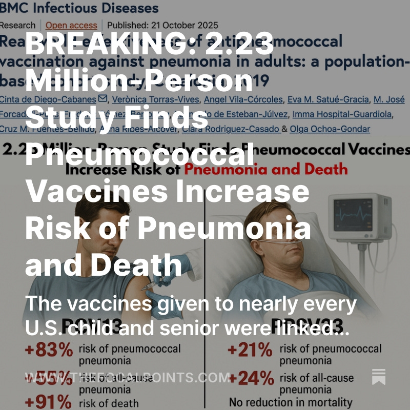 P_McCulloughMD's tweet image. BREAKING: 2.23 Million-Person Study Finds Pneumococcal Vaccines Increase Risk of Pneumonia and Death

The vaccines given to nearly every U.S. child and senior were linked to higher pneumonia and death rates in one of the largest real-world studies ever conducted, by Nicolas…