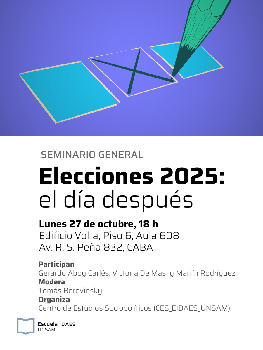 idaesoficial's tweet photo. ELECCIONES 2025: el día después 🗳️🇦🇷
El próximo lunes conversamos sobre los resultados de las elecciones junto a @Breogan66, @videmasi y @Tintalimon. Modera @borovinsky y organiza @cesunsam. ¡Lxs esperamos! https://t.co/tvvJFQbpJi