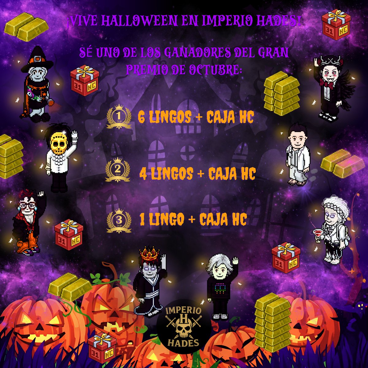 🎃MEGA SORTEO DE HALLOWEEN EN IMPERIO HADES🎃

🏆Premios:
🥇300 créditos + Caja HC
🥈200 créditos + Caja HC
🥉50 créditos + Caja HC

🕸️Para participar:
1️⃣Dale ❤️ Me gusta
2️⃣Haz 🔁 RT
3️⃣Etiqueta a tus amigos para que se unan a la diversión🎃

📅Resultados: 31 de octubre🎃