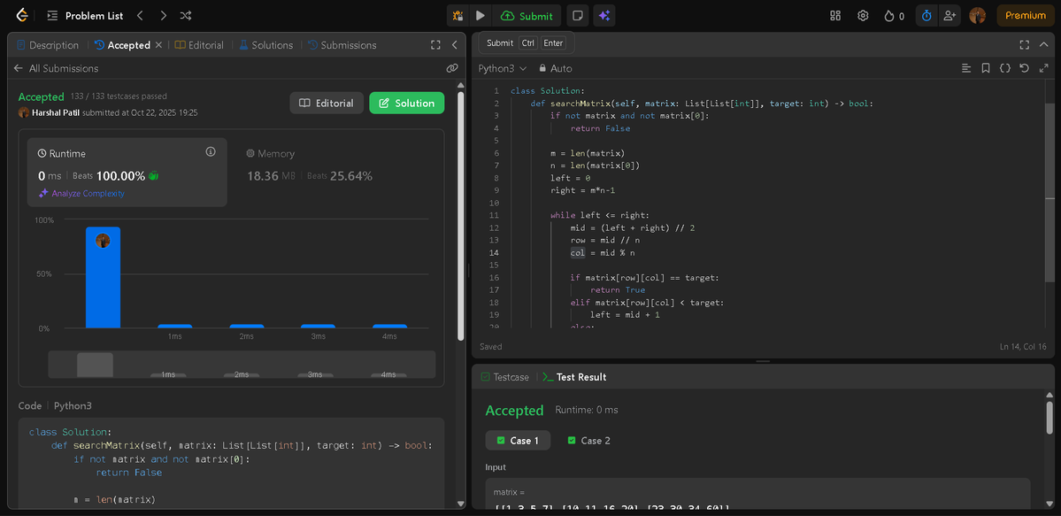 Patil_Harshal_5's tweet image. 🚀 Day 72 of #100DaysOfDSA 🚀
Solved LeetCode 74 — Search a 2D Matrix
🔹 Problem: Given an m x n matrix, find if a target value exists using an efficient approach.
🔹 Approach: Binary Search (Flattened Matrix)
#LeetCode #DSA #BinarySearch #Matrix #Python #ProblemSolving