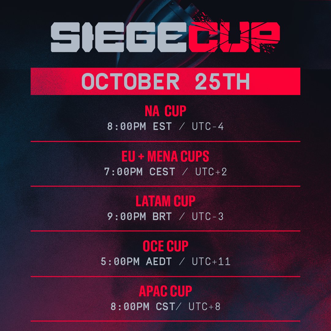 Rainbow6Game's tweet photo. 🏆 October 25th marks the start of Weekly Siege Cups!

📅 Tournaments will run every Saturday for the next 4 weeks.

📝And don't forget registration begins 30 mins before start times. https://t.co/Ynh1Yl4FeG