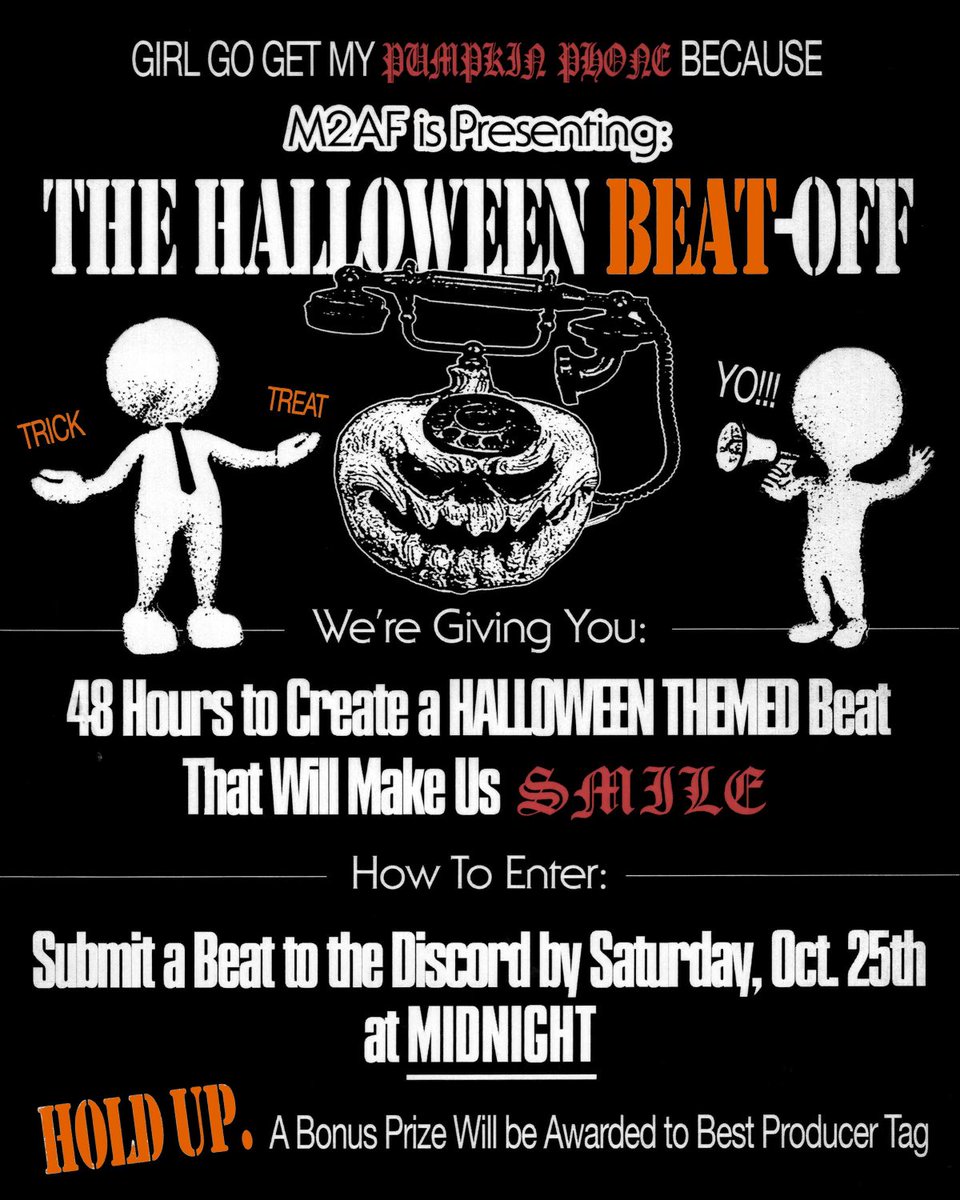 THE M2AF HALLOWEEN BEAT-OFF

Make and submit a Halloween themed beat by Saturday night. The best ones will be reviewed on the show. 🎃