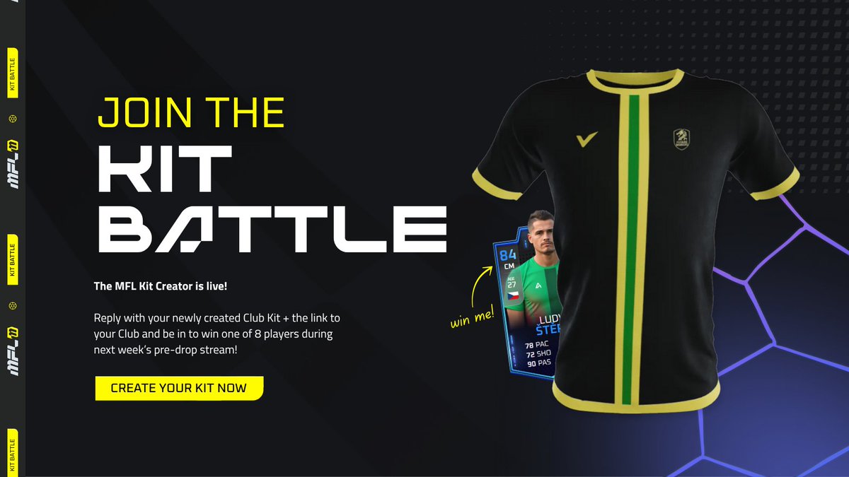KIT DESIGN BATTLE 🏆

Unleash your creativity and win big! Design your club’s ultimate kit for a chance to snag players, including an 84-rated RARE 🔥

1️⃣ Design your kit with the new Kit Creator – it must be for your own club!

2️⃣ Share the image in the comments and add your