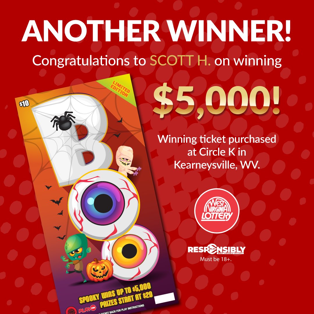 👻 Congratulations to SCOTT H. on winning $5,000 with a BOO scratch-off, which was bought at Circle K, in Kearneysville, WV. 🎃 

wvlottery.com/games/scratch-…

#playwvlottery #PleasePlayResponsibly