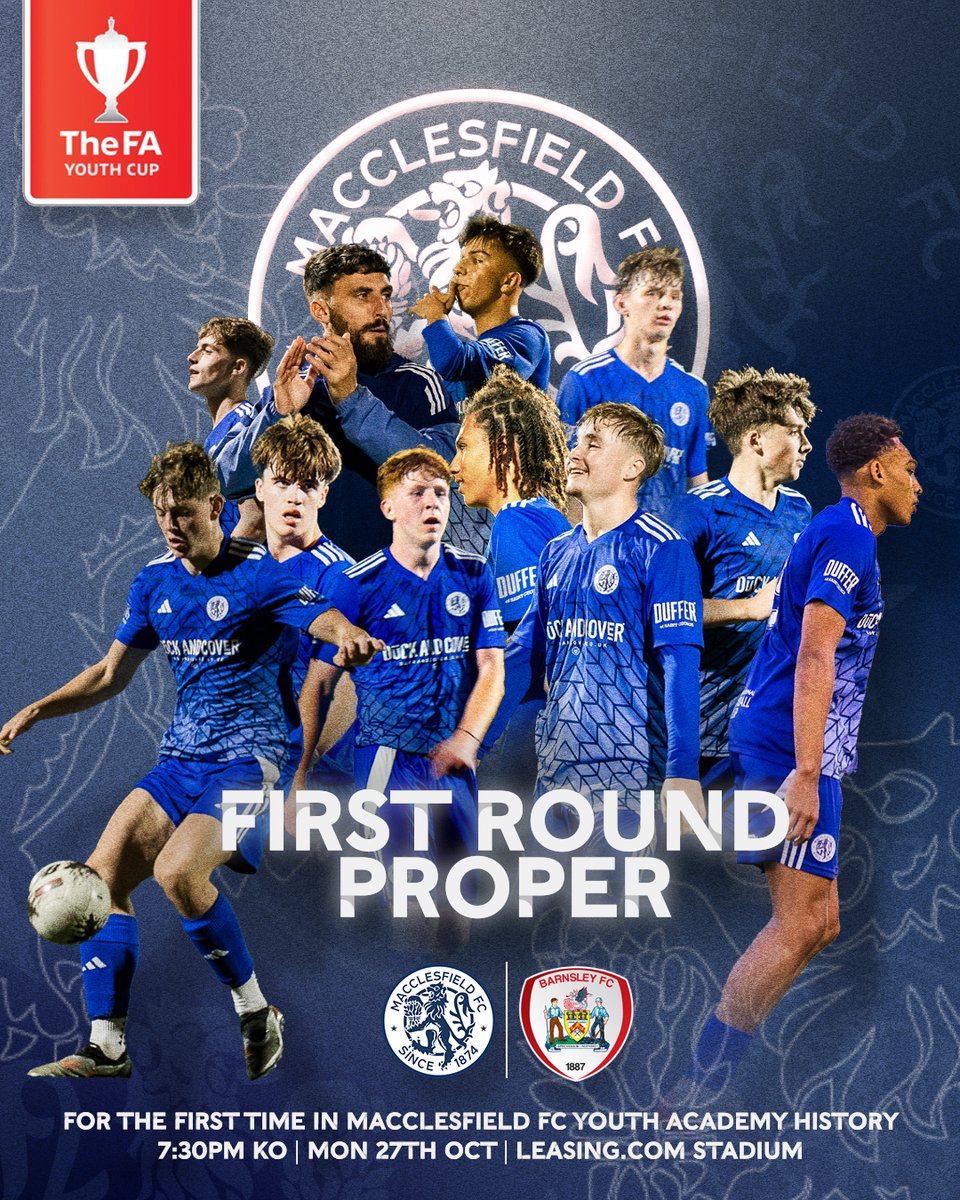 🏆 | Details of Macclesfield FC U18’s historic first ever FA Trophy First Round Proper tie against Barnsley have now been confirmed 

🗓️ The tie will take place on Monday 27th October, kicking off at 7:30pm

🎟️ Tickets will be available from reception after 17:00 on the day of