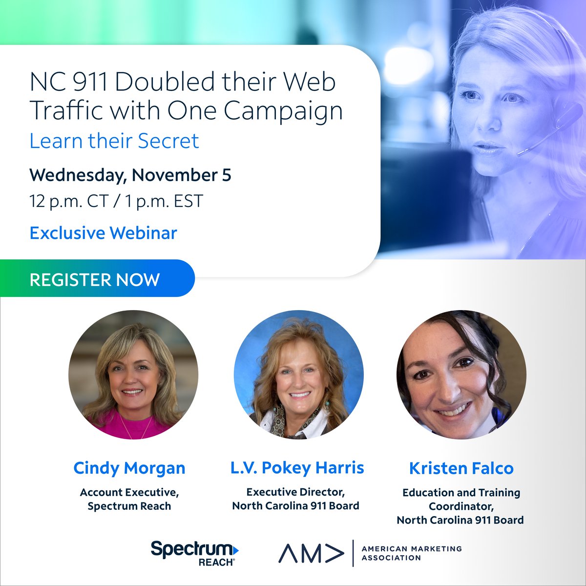 Join our Nov 5 AMA webinar to see how multiscreen marketing boosted NC 911 recruitment! Experts from Spectrum Reach &amp; NC 911 Board share data-driven targeting &amp; creative strategies. 

Register now : web.cvent.com/event/777f109e…