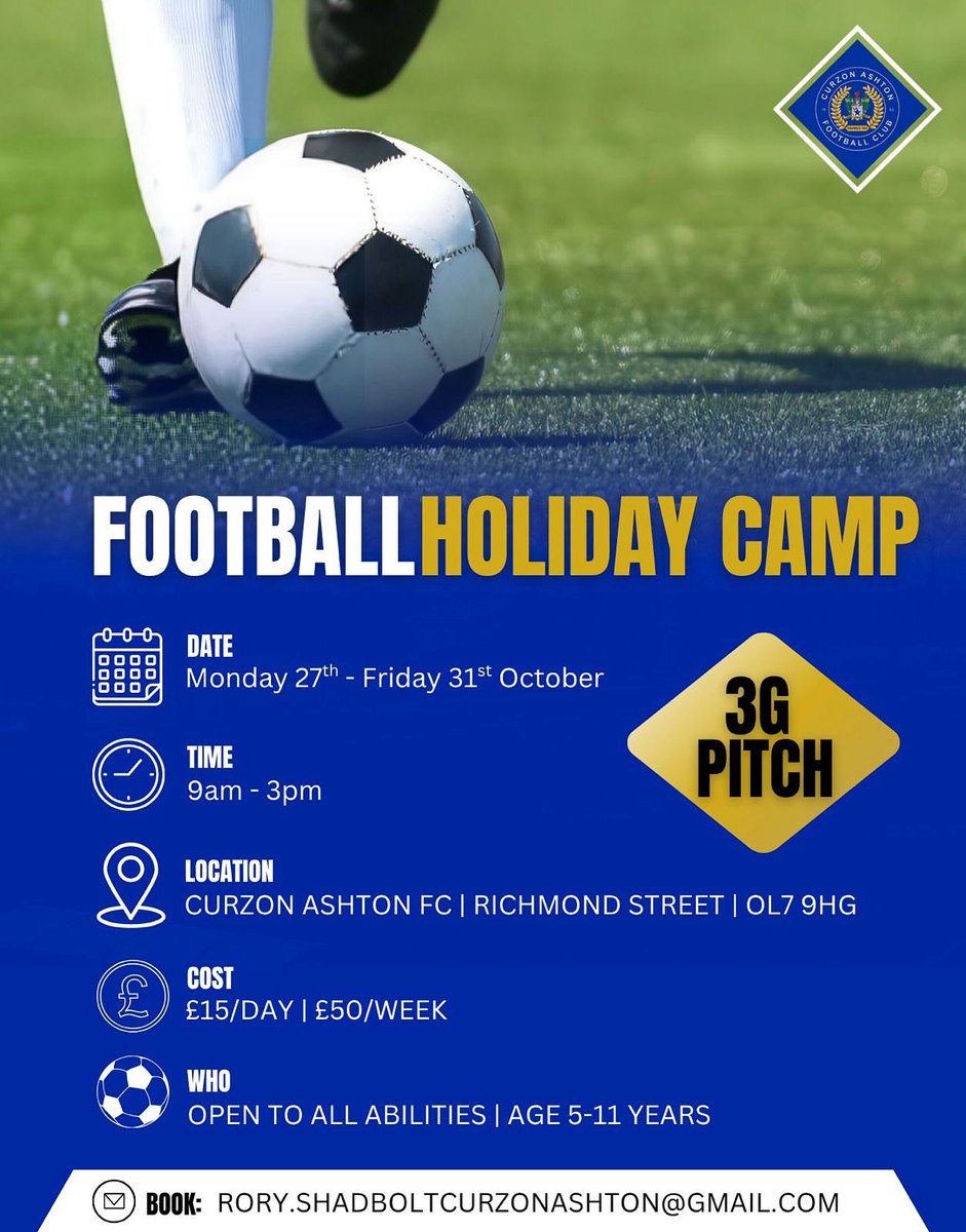 ⚽️ 𝗛𝗮𝗹𝗳-𝗧𝗲𝗿𝗺 𝗙𝗼𝗼𝘁𝗯𝗮𝗹𝗹 𝗖𝗮𝗺𝗽

📍 Tameside Stadium
📅 27-31 October 
👤 Ages 5–11
✅ All abilities welcome

Book your place now ⬇️

#UTN | #TheNash