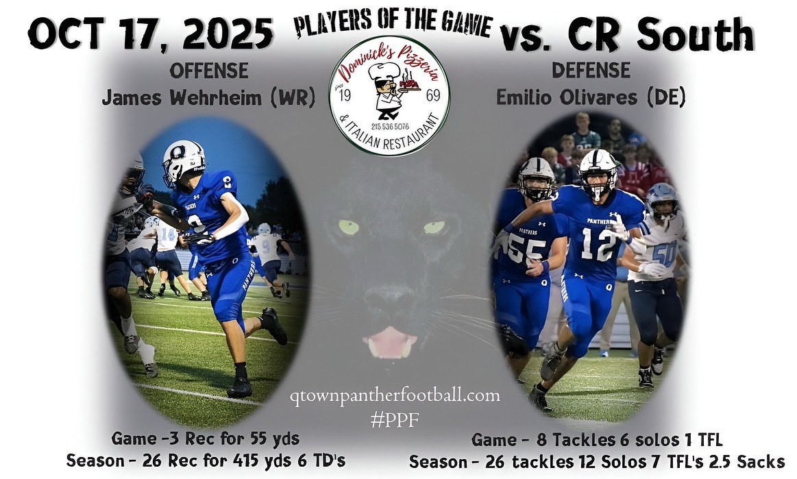 QTOWN FOOTBALL (@qpantherfb) on Twitter photo Week 9 players of the week presented by Dominick’s Pizzeria! #PPF Week 9 players of the week presented by Dominick’s Pizzeria! #PPF