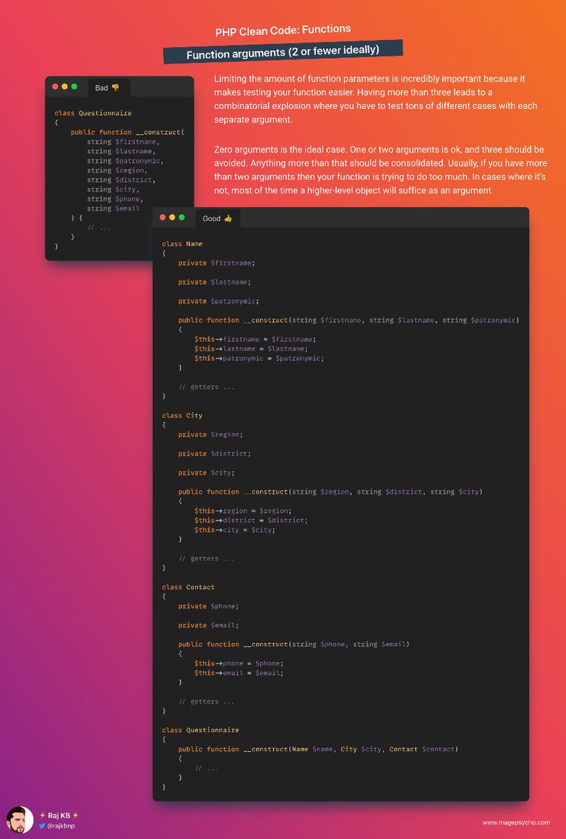 rajkbnp's tweet image. 2️⃣ Clean Code Series: Functions📒🧑💻
☑️ Function arguments (2 or fewer ideally)
"Code for humans not for machines"
🐘#PHP #Laravel #Symfony
