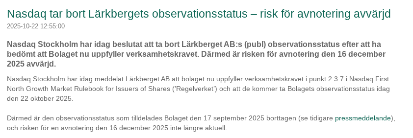 En risk som egentligen var obefintlig sedan NAXS-köpet, men nu bekräftat av Nasdaq att börsplatsen kvarstår. $LARK

Discl: äger