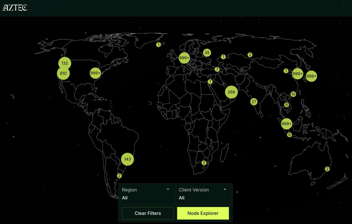 Global map of Aztec nodes distribution from the node explorer