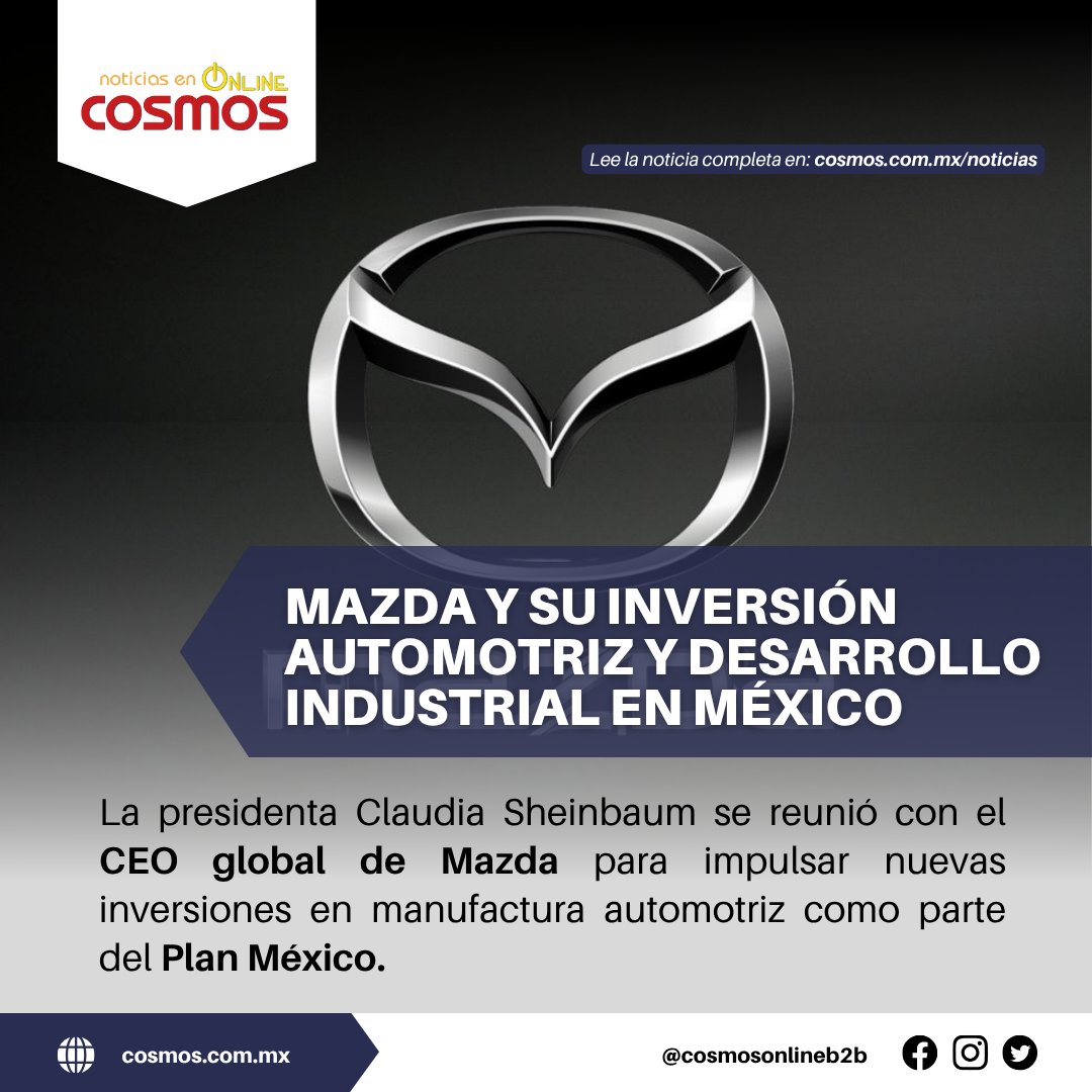 CosmosOnlineB2B's tweet image. 🇲🇽 #Mazda busca fortalecer su presencia en México. La presidenta #Sheinbaum se reunió con el CEO global de Mazda para explorar nuevas inversiones en manufactura automotriz dentro del #PlanMéxico

Lee la noticia👉 
#Nearshoring #MéxicoIndustrial #CosmosOnline