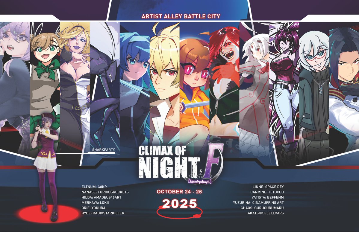 alyssa - @lokii.art on bsky (@littlemisslokii) on Twitter photo Will you be at <a href="/NightsClimax/">Climax of Night</a> this weekend?
Why not check out the artist alley “battle city”! Instead of a stamp rally, collect photocards from purchasing works from artist booths. Collect 6 or more, and get this commemorative poster inspired by the UNI 1.0 character select Will you be at <a href="/NightsClimax/">Climax of Night</a> this weekend?
Why not check out the artist alley “battle city”! Instead of a stamp rally, collect photocards from purchasing works from artist booths. Collect 6 or more, and get this commemorative poster inspired by the UNI 1.0 character select