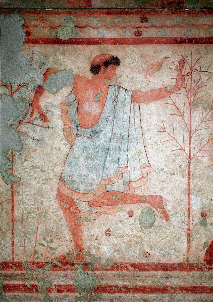 Arte etrusco: frescos que representan escenas de banquete, detalle que representa a un bailarín. Tumba del Triclinium. Siglo V a.C. Museo Arqueológico Nacional de Tarquinia.
