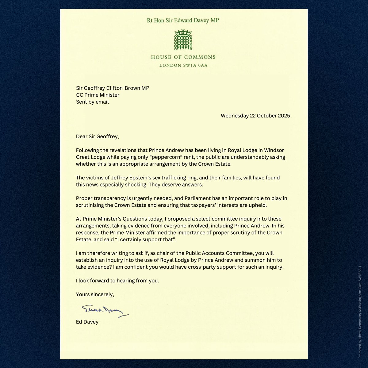EdwardJDavey's tweet image. It’s time for Prince Andrew to come and explain his use of Royal Lodge at taxpayers’ expense.
I hope MPs from across the House join my campaign.