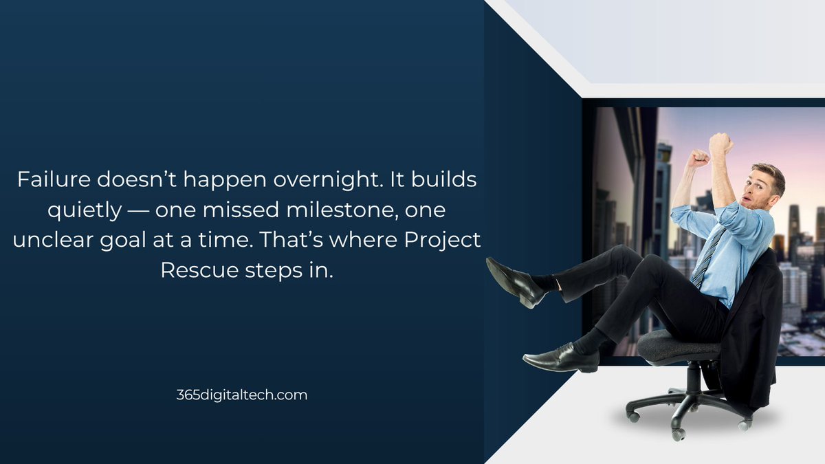 365digitaltech's tweet image. Failure builds quietly — missed milestones, unclear goals, slipping progress. Project Rescue helps you regain control before it’s too late. #ProjectRescue #PMO #365Digital #ProjectSuccess