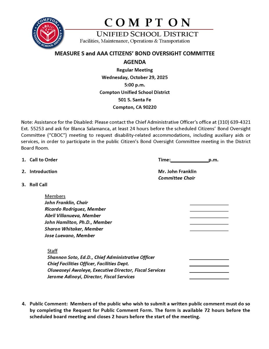 ComptonUnified's tweet photo. 📣 The CUSD MEASURE S and AAA CITIZENS’ BOND OVERSIGHT Committee regular meeting is taking place on Wednesday, October 29, 2025 at 5:00 p.m. at the CUSD District Office at 501 S. Santa Fe Ave., Compton, CA 90220. ✔

#ComptonUnified #BondOversightCommittee https://t.co/4auMPRxeNw