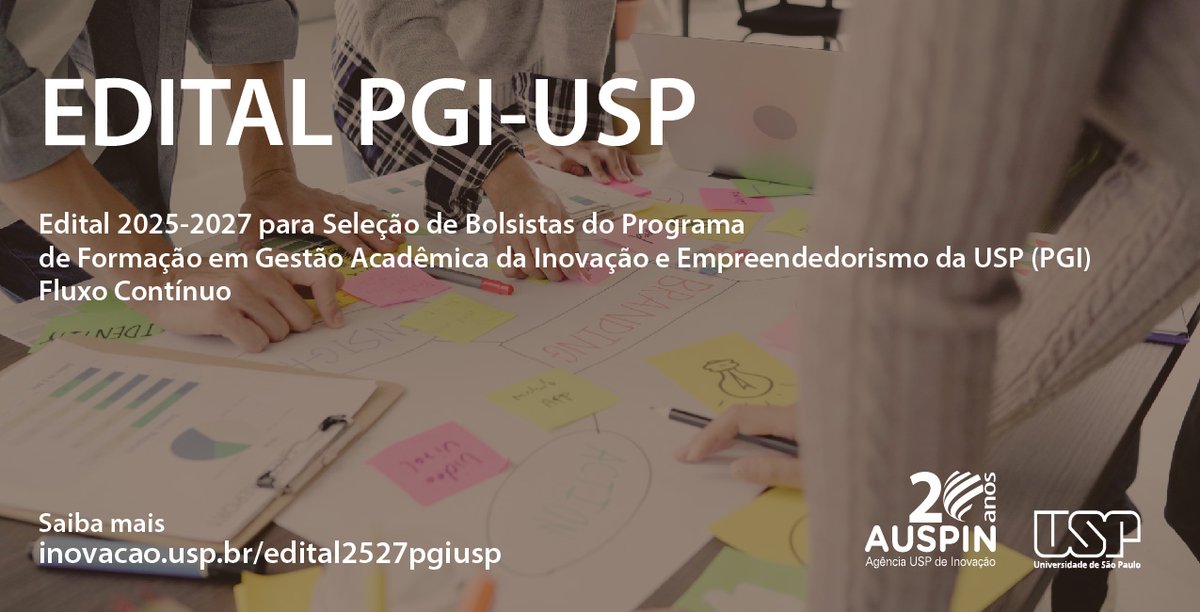 inovacaonausp's tweet image. 🚨 Atenção! 🚨

Abriu o Edital PGI-USP 2025-2027 para bolsistas no Programa de Formação em Gestão da Inovação e Empreendedorismo.
Fluxo contínuo. Inscrições abertas!

📲 Toda a info: inovacao.usp.br/edital2527pgiu…

#USP #AUSPIN #PGI #Inovacao #Edital