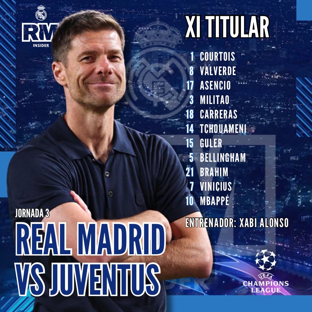 REAL MADRID - JUVENTUS: MBAPPÉ Y VINI, PAREJA DE ATAQUE
 
   Valverde vuelve al lateral derecho y Brahim sale de inicio en la banda derecha.

   ¿Volverá a marcar Mbappé? Ha visto portería en los últimos 11 partidos.

#RealMadrid #Juventus #RealMadridJuventus #Champions #UCL