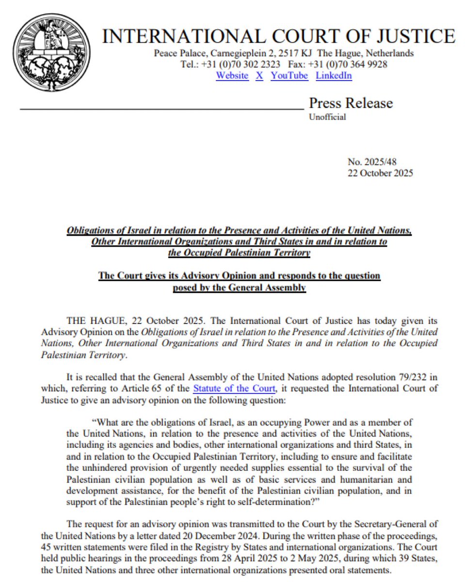 BREAKING: 🚨 🇮🇱 THE INTERNATIONAL COURT OF JUSTICE RULES ISRAEL IS AN OCCUPIER COMMITTING WAR CRIMES

Israel is still the occupier of Gaza and the West Bank, responsible for ensuring Palestinians’ basic survival, food, water, fuel, medical care.

Yet it’s deliberately denying all