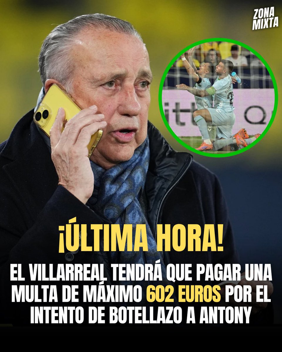ZonaMixta__'s tweet photo. 🚨💰 OFICIAL.

🟡‼️ El Villarreal tendrá que pagar una multa de COMO MÁXIMO 602€ por el lanzamiento de una botella a Antony ante el @RealBetis.

↪️ El Comité de Disciplina entiende que es de CARÁCTER LEVE. 

#ZonaMixta https://t.co/Tc3YFVle8z