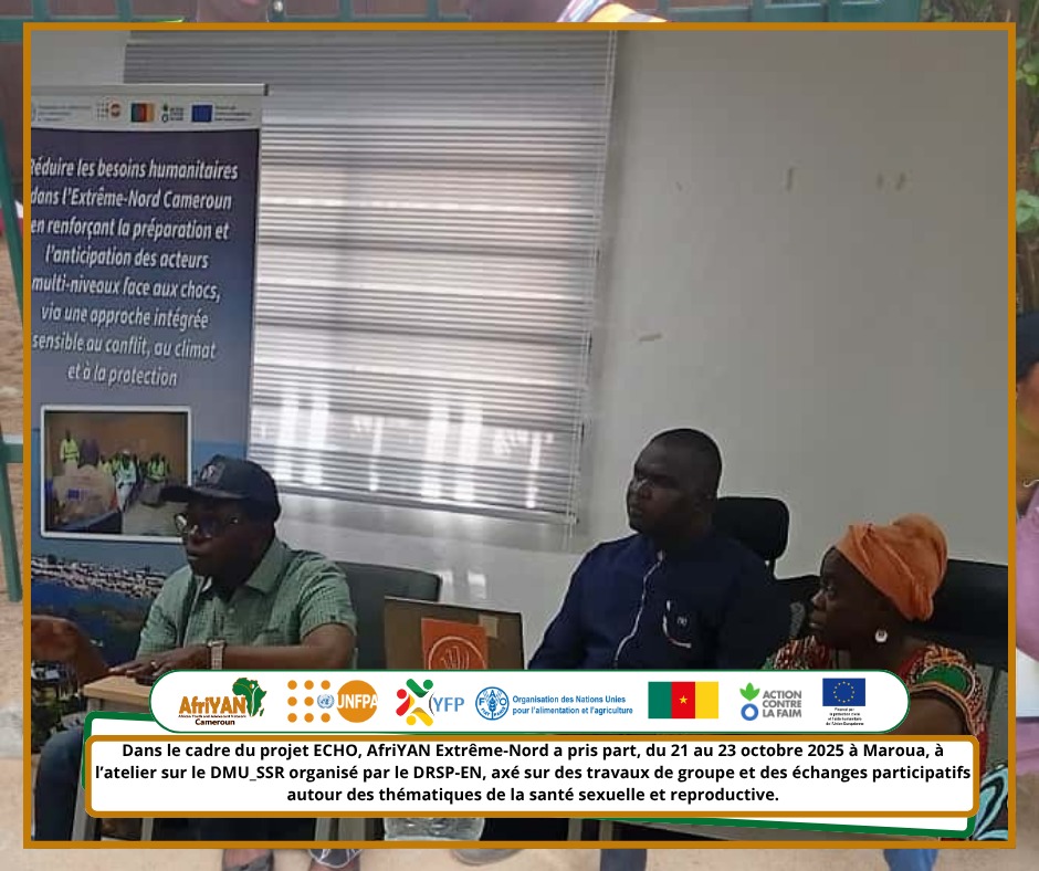 AfriYAN_Camer's tweet photo. L'engagement continue à #Maroua ! L'équipe #AfriYAN Extrême-Nord participe à l'atelier #DMUSSR. Objectif : intégrer la #SantéSexuelleEtReproductive des jeunes dans les réponses d'urgence. Organisé par la DRSP dans le cadre du #ProjetECHO. ✊

#PutYoungPeopleFirst
#YouthFP https://t.co/eEvs7D37Fn