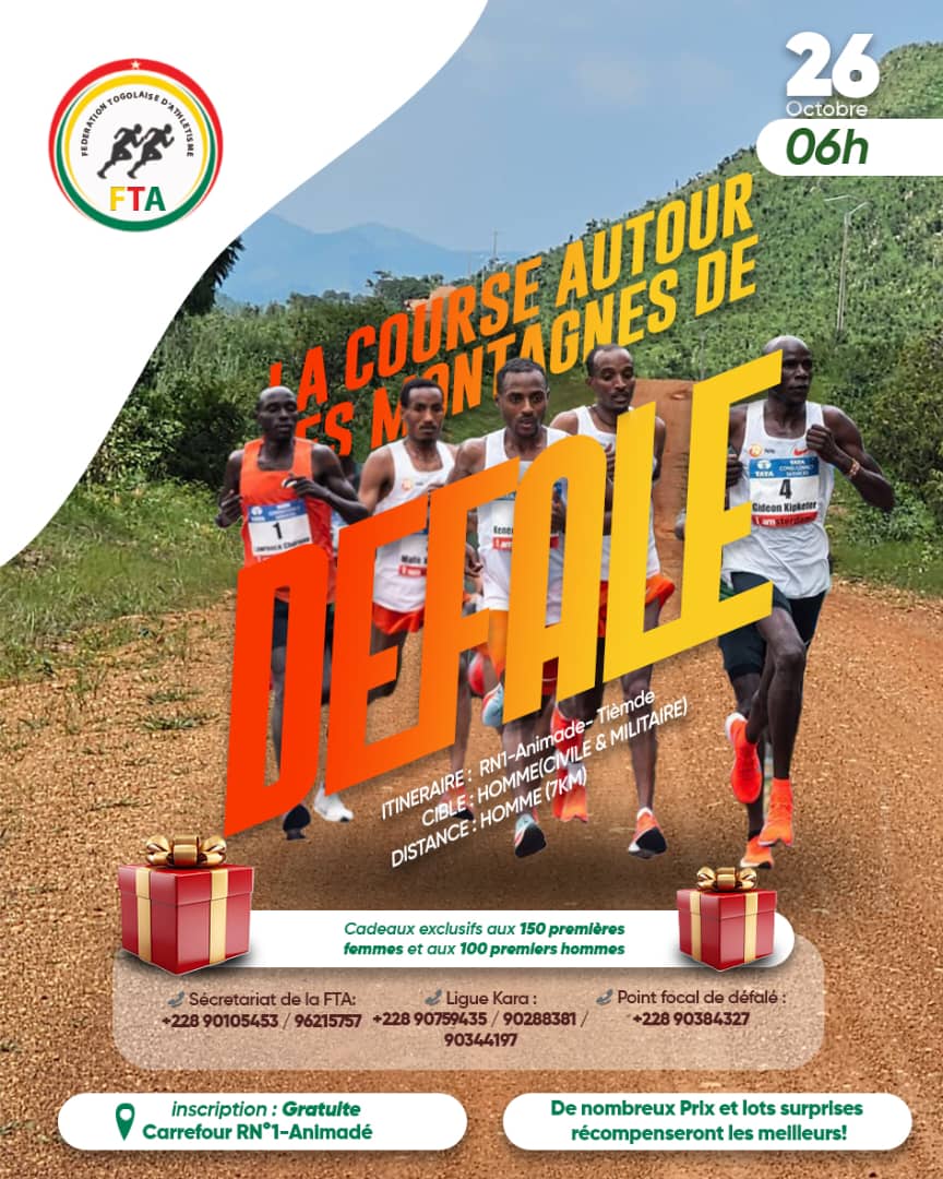 FTAthle's tweet image. 📣 Grande course autour des montagnes de Défalé – Rejoignez-nous !

✅ Inscriptions gratuites :
FTA : 90105463 / 96215757
Ligue de Kara : 90759435 / 90288381 / 90344197
Point focal à Défalé : 90384327

#CourseDéfalé2025 #RunTogo #DéfiDéfalé #AthlétismeTogo #Défalé #SportAuTogo