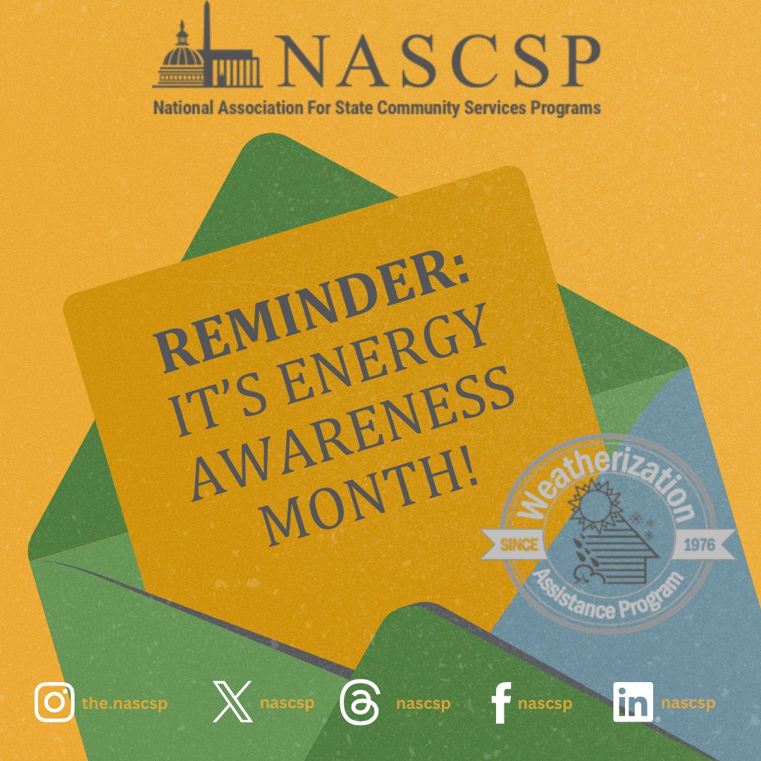 NASCSP's tweet image. It’s #EnergyAwarenessMonth! ⚡
Weatherization = safer homes + lower bills + stronger communities.  

Join us in celebrating energy efficiency across the nation! #WeatherizationWorks