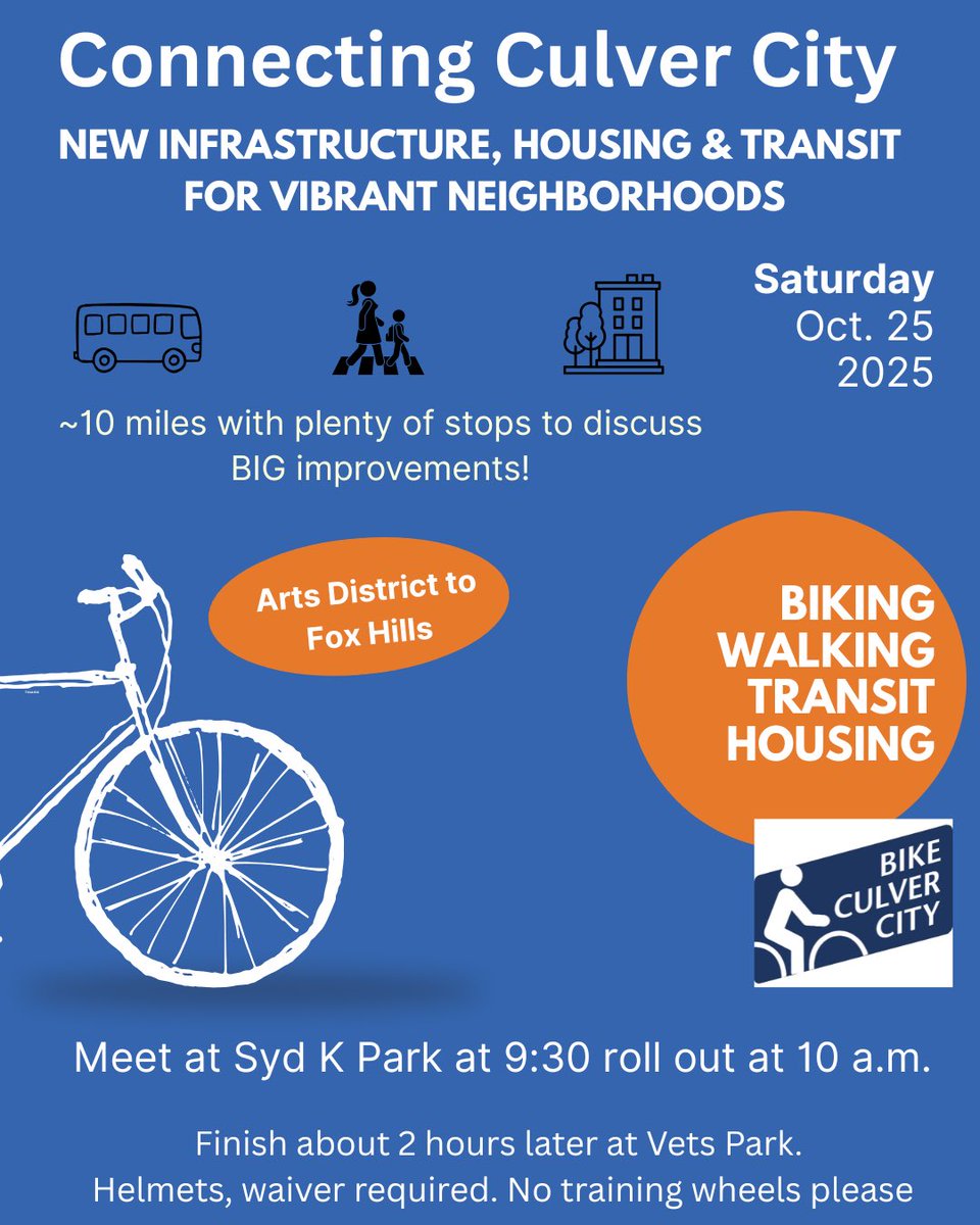 Saturday! Join us on an easy ride through new bike &amp; ped infrastructure, and find out what's coming in both mobility &amp; housing to make Culver City more walkable, bikeable and livable. Exciting changes coming!
9:30 Syd Kronenthal Park, 3459 McManus Ave, Culver City
10 AM Roll out