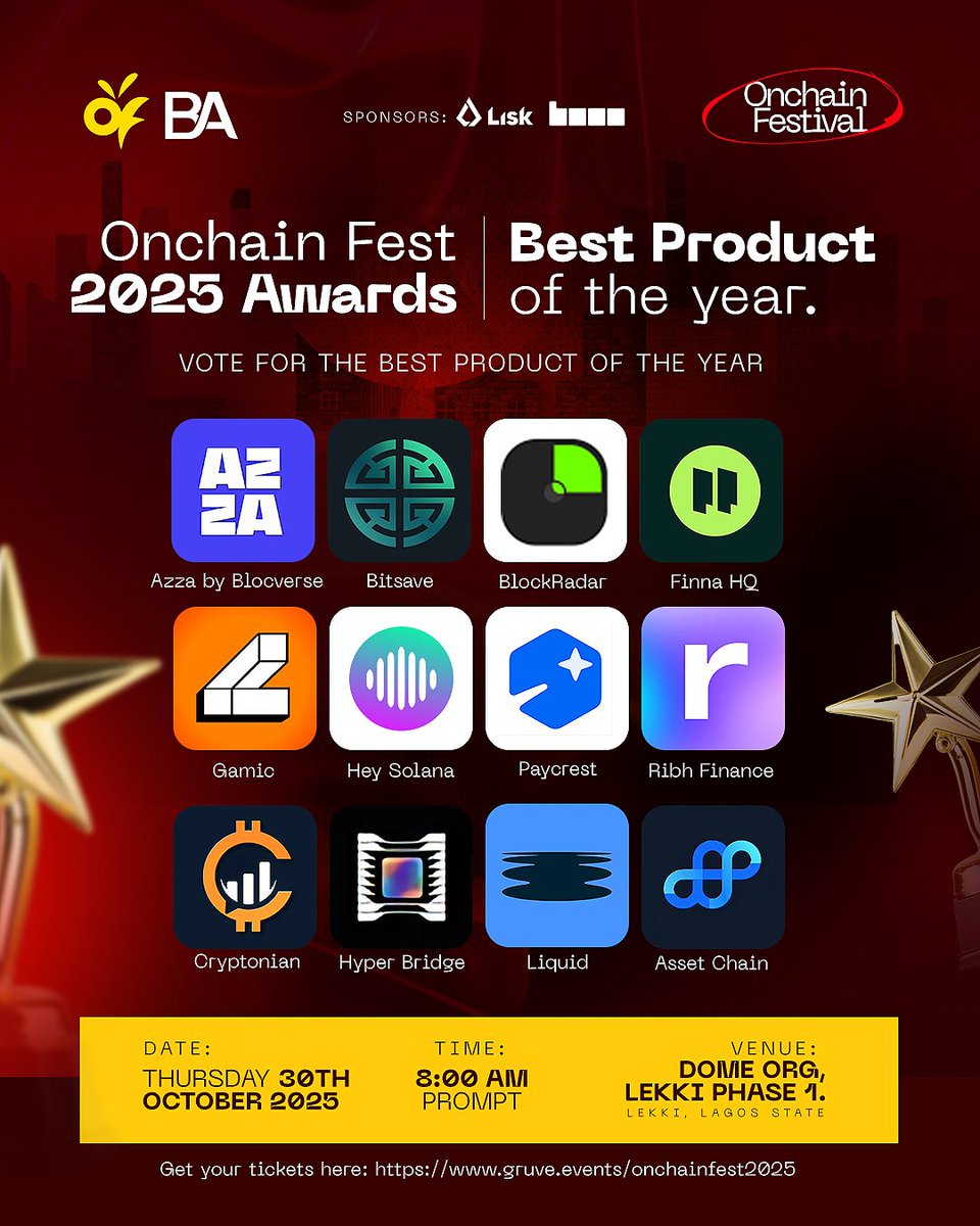 Vindicated Chidi (@vindicatedchidi) on Twitter photo Distinguished Colleagues,
<a href="/rwaassetchain/">Asset Chain 🌍 (AI-RWA L1)</a> have been nominated for the Best Product of the Year Award! 🏆 at the #OnchainFestAward 2025
Let’s make this victory ours 💪
Here’s how you can vote 👇
1️⃣ Click the link 👉strawpoll.com/e6Z2AJBWqgN
2️⃣ Scroll down to "Asset Chain"
3️⃣ Distinguished Colleagues,
<a href="/rwaassetchain/">Asset Chain 🌍 (AI-RWA L1)</a> have been nominated for the Best Product of the Year Award! 🏆 at the #OnchainFestAward 2025
Let’s make this victory ours 💪
Here’s how you can vote 👇
1️⃣ Click the link 👉strawpoll.com/e6Z2AJBWqgN
2️⃣ Scroll down to "Asset Chain"
3️⃣