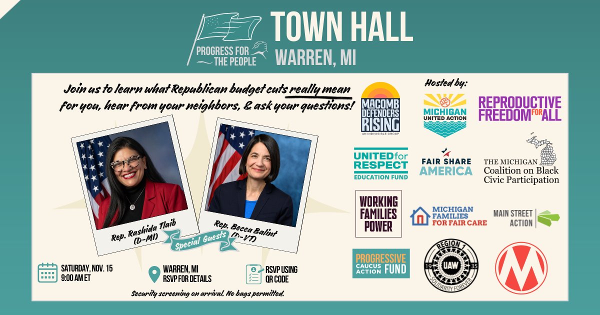 NEW: Progress for the People Town Hall on November 15! Join National progressive leaders <a href="/RepRashida/">Congresswoman Rashida Tlaib</a> &amp; <a href="/BeccaBalintVT/">Becca Balint</a> to learn what Republican policies mean for you, hear from your neighbors, and ask your questions! mobilize.us/mipeoplecampai…